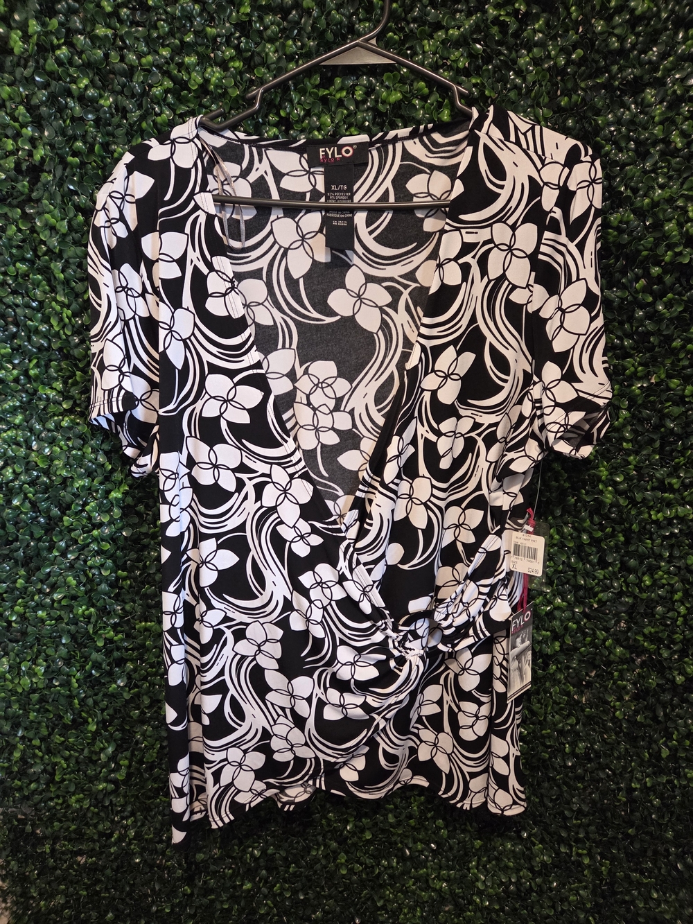 FYLO Black & White Floral Wrap-Style Women’s Top